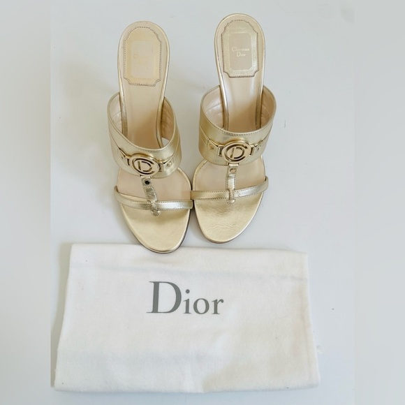 Christian Dior Gold/ Champagne logo embellished high heel mules EU 37.5 - Picture 2 of 10